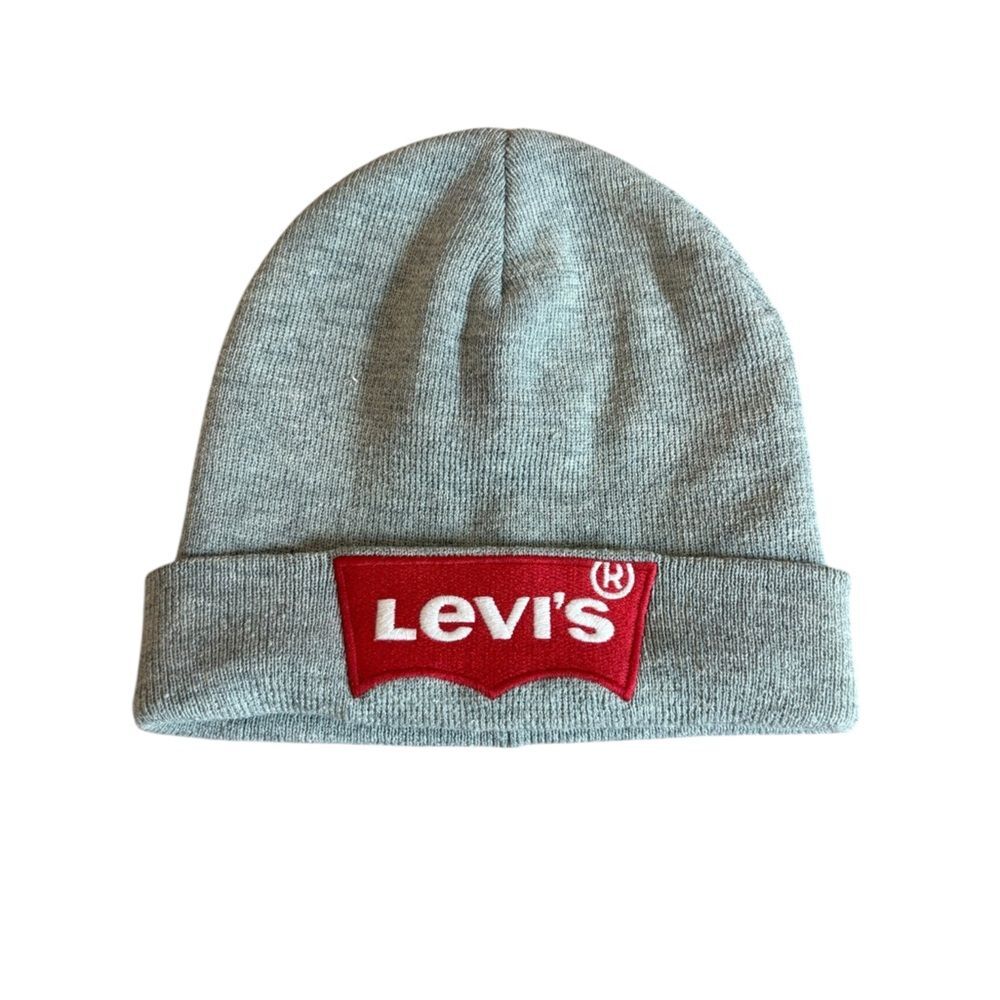 Levis Youth Beanie Hat Heather Gray Red Logo Patch